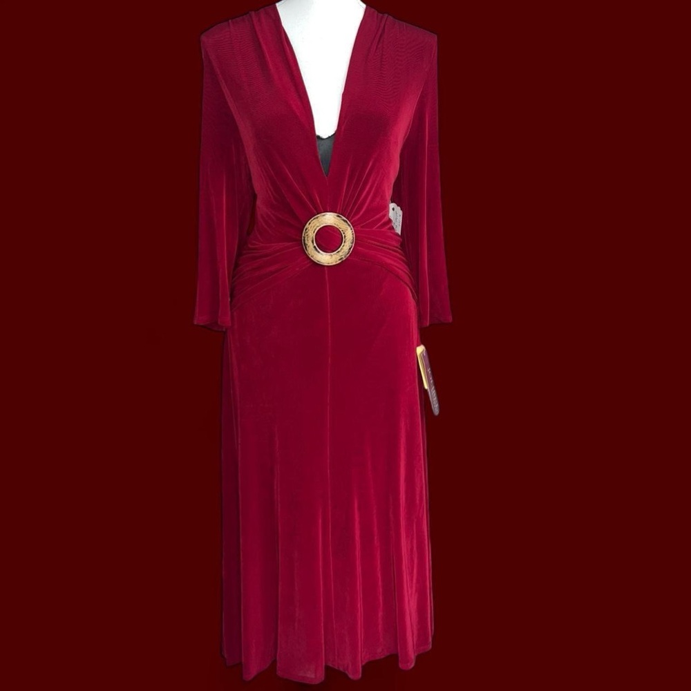 Jolibel red maxi dress with gold distressed bekt belt detail